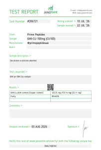 First page of Janoshik #206721, the published test report for GHK-Cu 100 mg.