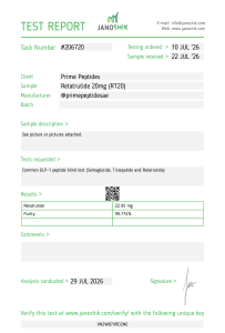 First page of Janoshik #206720, the published test report for GLP-3 20 mg.