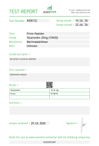 First page of Janoshik #206722, the published test report for Tesamorelin 20 mg.